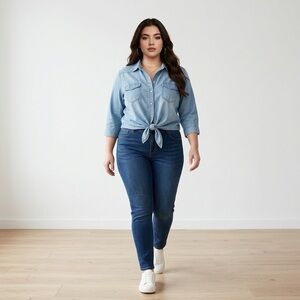 Fashion Clothing Light Blue Denim Tie-Front Snap Down Shirt NWT XL